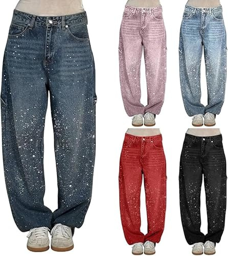 Jeans Casual Da Donna Con Strass Dritti a Gamba Larga Baggy Pantaloni In Denim Harem Vita Alta Loose Elasticizzati Jeans Lucidi Lunghi Gradient Oversize Pantaloni Larghi Casual Vintage Brillantini