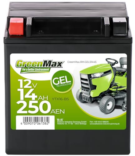 GreenMax Gel 51445 YTX16-BS 12V 14Ah 250A/EN Rasentraktor Batterie Starterbatterie für Aufsitzmäher wartungsfrei