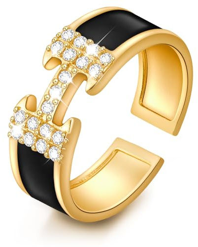 Ring Gold Damen Ring Gold Silber Ringe 925 Frauen Keiner Verstellbar Golden Ringe 47-50MM Vergoldet öffnen Fingerring Dame Mit Zirkonia Schwarz, Goldring Silberringe Damenring Geschenk Für Frauen