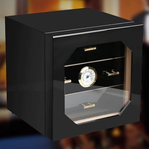 PP-Vic Cedar Wood Humidor, modern cigarrlagringshumidor, humidor med hygrometer och avtagbar 3-lagers cederträ, har cirka 50 cigarrer, svart