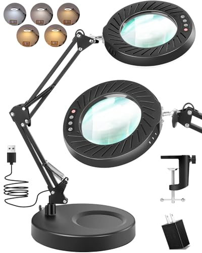 Coteck 12X Lupe mit Licht und Ständer, 5 Farbmodi Helligkeit stufenlos dimmbar, 2-in-1 LED-Schreibtischlampe mit Klemme, Schwenkarm beleuchtete Lupe freihändig für Handwerk, Hobby, Lesen, Enge Arbeit