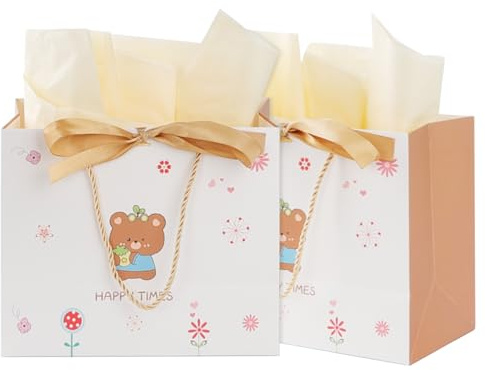 QINGYIWL 5 Stück Geschenktüten, 25 x 20 x 12 cm Geschenktasche mit 10 Seidenpapier, Geschenktüte mit Henkel und Schleifenbändern für Geburtstag, Feste, Hochzeiten, Partys