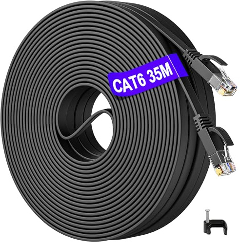 Soibke Cable Ethernet 35 Metros, Cat 6 Cable Lan 35m Largo Alta Velocidad | Cable de Red Plano 1Gbps, Gigabit RJ45 Negro Cable Internet de 35 Metros Exterior Interior Cable RJ45 para Router Modem