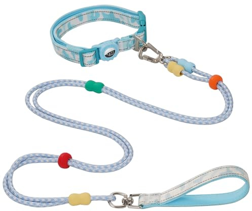JSXD Hundeleine und Halsband-Set mit AirTag-Halterung für kleine, mittelgroße und große Hunde, 1,5 m Doppelseil-Leinen mit verstellbaren, reflektierenden, weich gepolsterten Nylon-Halsbändern (Blau