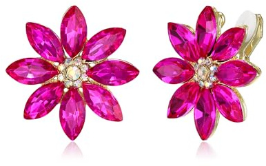 EVER FAITH Hot Pink Blume Ohrclips, Strass Funkelnder Kristall Statement Blumen Ohrringe für Damen ohne ohrlöcher Hochzeit Party Sommerschmuck