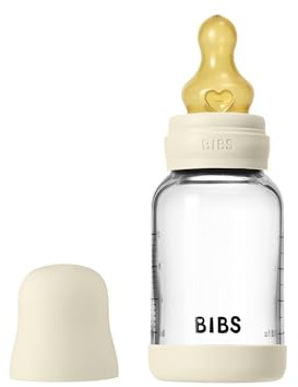 BIBS Baby Glass Bottle. 120ml Biberon en verre. Anti-colique. Embout rond en latex de caoutchouc naturel. Favorise l’allaitement naturel, 120ml, Complete Set - Ivory