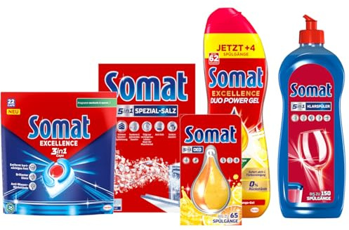 SOMAT Spülmaschinen Komplett-Set – Excellence 3in1 Caps 22 Stück + Duo Power Gel 992 ml + Salz 1,2 kg + Klarspüler 750 ml + Maschinenreiniger 12 Tabs + Deo – Reinigung, Schutz & Frische