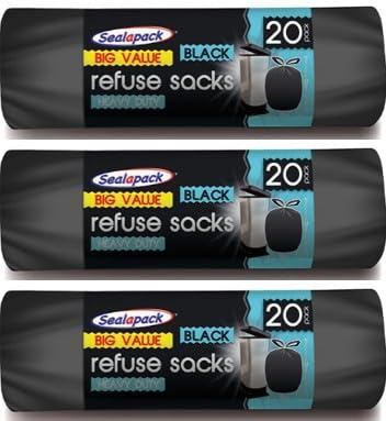 60 Refuse Sacks with Drawstrings for easy closure highly tear resistant Kitchen Liners Everyday use Black Waste Rubbish Sacks 50L capacity (x3 Rolls of 20 Bin Bags each)