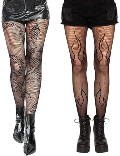ZesNxj 2 Paar Strumpfhosen Damen Muster, Schlangenmuster und Flammenmuster netzstrumpfhose schwarz, Strumpfhose Muster für Halloween, Partys und Rollenspiele