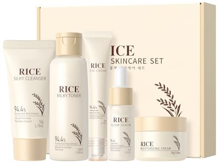 Rice Skincare Set 5-teiliges Koreanisches Hautpflegeset für strahlende Haut - Glatte Gesichtspflegesets mit Reiniger, Reiswasser, Serum, Augencreme, Gesichtscreme, Geschenkset für Frauen Mädchen