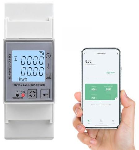 Medidor de consumo electrico wifi contador electrico corriente bidireccional para carril DIN 80A Medición de tensión/corriente/potencia/factor de potencia, pantalla LCD, 1000 impulsos/kWh.