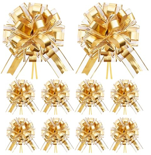 10 fiocchi regalo grandi dorati, nastro in organza dorata 6,4x170 cm, fiocco grande per auto per matrimoni, decorazioni per auto per matrimoni, compleanni, Natale, confezioni regalo - Facile da tirare
