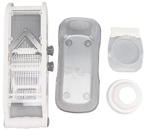 Tagliafrutta e tagliaverdura in acciaio inox, strumento manuale per affettare con spessore regolabile e protezione per le mani per limoni, patate, cetrioli, supporto in ABS privo