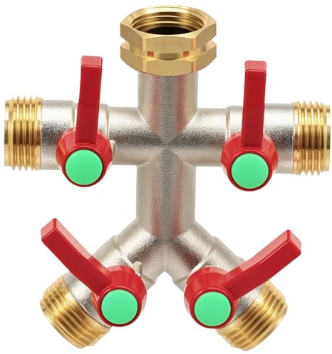 4 Way Garden Hose Splitter, Heavy Duty Solid Brass Water Hose Connector with Extra Long Silicone Handles, NPT 3/4 Outdoor Faucet Manifold with Independent Shut-Off Valves for Watering & Washing(Red)