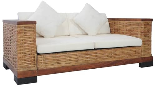 Fengshui 2-Sitzer Rattan Sofa Mit Auflagen Braun | Holzrahmen, Abnehmbare Waschbare Bezüge, 2 Sitzpolster, 2 Rückenpolster, 2 Kissen