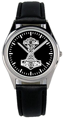 KIESENBERG Armbanduhr Thors Hammer Glaube Mjölnir Wikinger Geschenk Artikel Idee Fan Damen Herren Unisex Analog Quartz Lederarmband Uhr 36mm Durchmesser B-1235