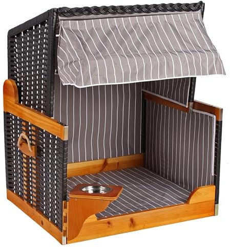 MR. DEKO Hundestrandkorb Wacholder PE schwarz I Outdoorkörbchen anthrazit gestreift I Hundehütte mit Dach I Katzenbett mit Sonnenschutz inkl. Schutzhaube, Wassernapf schwenkbar
