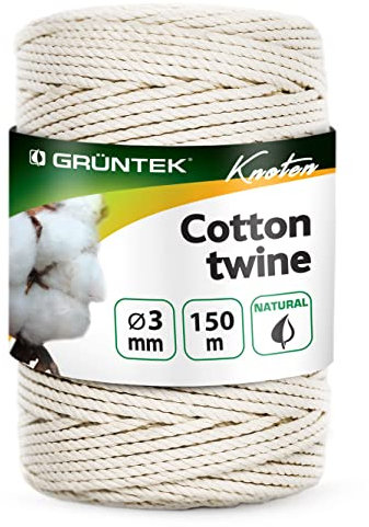 GRÜNTEK Spago Macramé Decorazioni Filo di Cotone Bianco. Rotolo da 150 M x 3mm Corda per Giardinaggio, Decorazione, Biglietti da Regalo