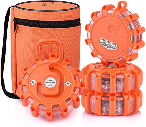 Vancle [4 Pack] LED Road Flares Safety Flashing Warning Light Roadside Emergency Disc Beacon Kit for Vehicles Boats with Magnetic Base & Hook, Premium Storage Bag (Batteries Not Included) (4)