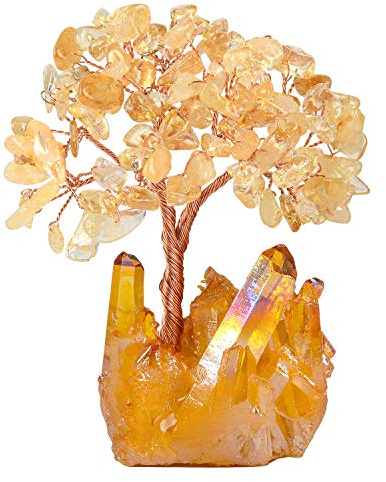 MASGEMES Natural Citrine Crystal Tree of Life,Quartz Cluster Yellow Titanium Base, Positive Energy Feng Shui Bonsai Money Tree Office Desk Home Decor for Wealth and Luck
