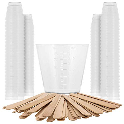 Pouring Masters Vasos medidores de plástico graduados de 3 onzas (90 ml) (100 vasos transparentes y 25 varillas de mezcla) – para pintura acrílica, resina, epoxi, arte, cocina, cocina, medicina,