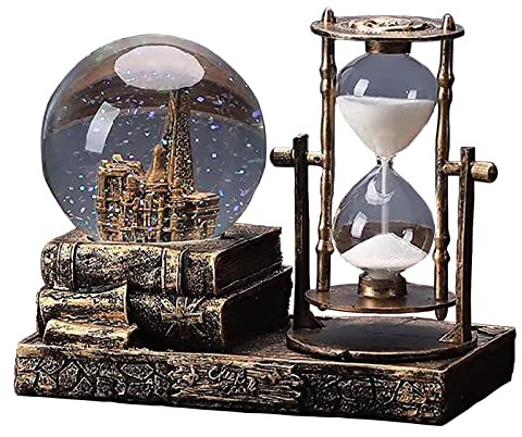 LED Music Snow Globe with Hourglass Vintage Castle Paris Eiffel Tower Home Decoration for Living Room Bedroom Book Shelf TV Cabinet Desk Table Top Decor Centerpieces Ornaments (A - Brass)