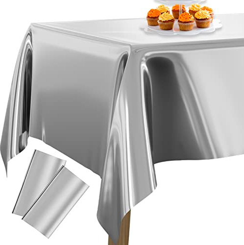 PartyWoo Tischdecke Silber Folientischdecke, 2 STÜCK, 137 x 274 cm- 54 x 108 Zoll Rechteckige Party Abwaschbar für 6 bis 8 Fuß Tisch, Geburtstag, Hochzeit, Tablecloth, Silver-9566