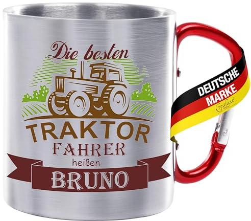 Crealuxe Edelstahltasse mit Karabiner - Die Besten Traktor Fahrer heißen Wunschname - 330ml, Tasse personalisiert, Kaffeetasse, Bürotasse, Metalltasse mit Name