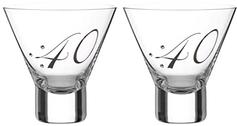 DIAMANTE 40th Birthday Stemless Martini Cocktail Glasses with Platinum – Set of Two Glasses with a Platinum Embossed “40” - Embellished with Crystals 240ml