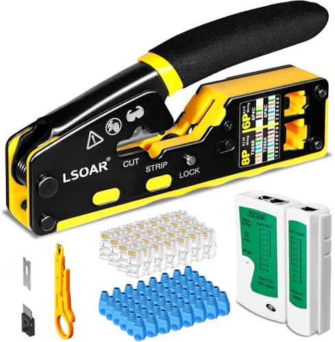 Lsoar RJ45 Pass Through Crimper Kit with Tester & 50 Cat6 Connectors+Boots | Pass-through design, 3-in-1 function, 50 CAT6 connectors, Network cable tester, Ergonomic grip, Cat5/5e/6 compatible