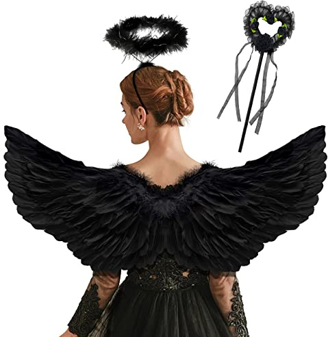 Goenb Angel Wings, 80 * 40cm Angel Wings and Halo Devil Wings Black Angel Wings Costume Dark Angel Cupid Fallen Angel Costume for Adult Women Kids for Halloween Birthday Themed Party