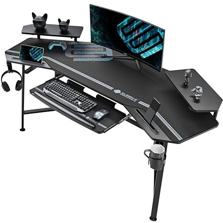 EUREKA ERGONOMIC Gaming Tisch mit LED 182x76cm Groß Gaming Schreibtisch in Flügelform PC Computertisch mit Tastaturablage,2 Monitorständer,Kopfhörerhaken für Home Office Studio Live-Streaming