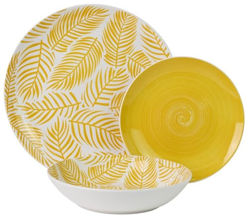 Vajilla de 18 piezas de porcelana con hojas en amarillo 27x27x4 cm apto lavavajillas y microondas