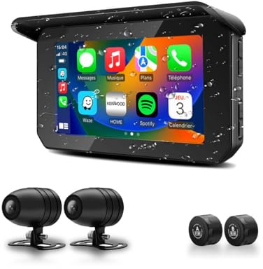 Active Media Concept Kit CarPlay Moto Écran Tactile 5 Pouces Waterproof sans Fil Navigation GPS avec Dashcam Deux Cameras HD et 2 capteurs Pression pneus Bluetooth