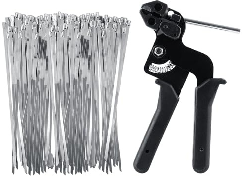 DAJAVE 200 Stück 4.6x250mm Edelstahl Kabelbinder und Metallbinderpistole, Metall Kabelbinderzange Kabelbinder Edelstahl Set für Kabelbündelung, Industrielle, Landwirtschaft