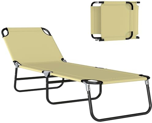 Outsunny Sonnenliege klappbar Gartenliege mit 5-Fach verstellbare Rückenlehne, wetterfeste Liegestuhl Campingliege, Gartenstuhl bis 120 kg belastbar, für Garten Urlaub Outdoor Strand Pool, Cremeweiß