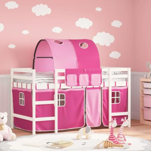 Festnight Hochbett Kinder mit Vorhang Spielbett Kinderbett 90x190 cm Kinderhochbett Etagenbett Hausbett Holzbett mit Leiter Tunnel Einzelbetten Jugendbett Bettgestell Halbhochbett