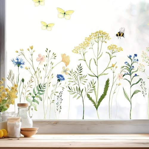 Wandtattoo Loft Fensterbild Feldblumen Wiese Wildblumen Frühling Wildgras Gräser Blumenwiese mit Hummeln Schmetterlingen Fensterdekoration, 1. A4 Bogen, WV13284-100