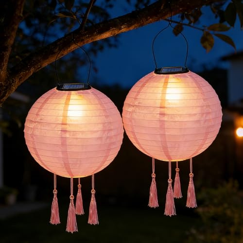 NAVESO Solar Lampions Außen Wetterfest Rosa, 2 Stück 20cm Lampions Solar Outdoor mit 4 Quasten, Solarlampions für Außen Wetterfest, LED Lampions Outdoor Solar, Gartenlaterne Hängend, Balkon Deko