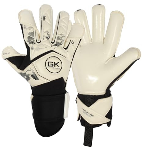 GK Saver Football Goalkeeper Goalie Gloves |Anti-Slip Grip Palms |Alpha Series |Goalkeeping GK Gloves Size 6 to 11 (Alpha Pro A3 White, Size 9)