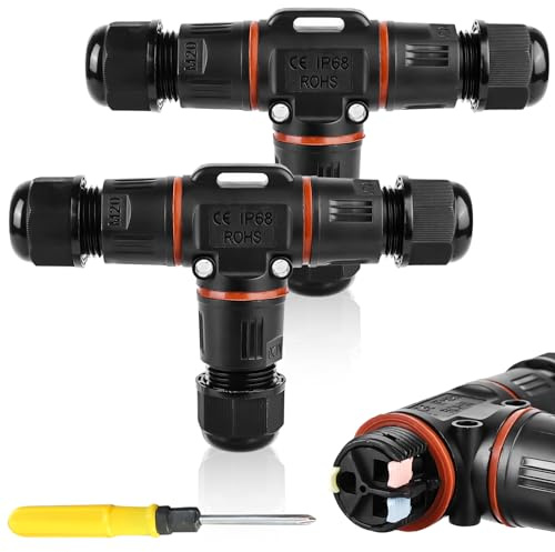 3-polig Kabelverbinder Wasserdicht IP68, T-Form Kabelverbinder Wasserdicht 3-polig Erdkabel Verbindungsmuffe für Ø3-12 mm Kabeldurchmesser, 2 Wege Wasserdichte Abzweigdose für Garten,Outdoor (2 Stück)