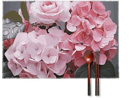 Platzsets mit rosa Rosen-Hortensien, 6er-Set, waschbar, hitzebeständig, gewebt, rutschfest, abwischbar, Vinyl-Tischmatte für Küche, Esszimmer, Tischdekoration, 45,7 x 30,5 cm
