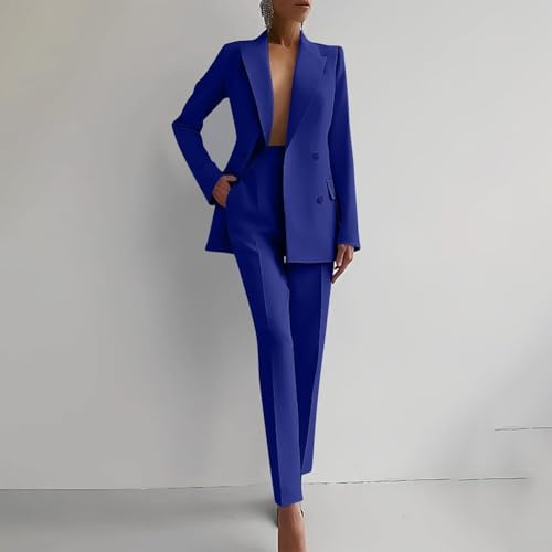 Set di abbigliamento da donna contemporaneo con giacca a maniche lunghe e pantaloni a vita alta sartoriali, Blu scuro, XL