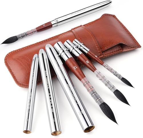 Pinceles de Viaje para Acuarela - 3 Pinceles Acuarela Profesional pelo de Ardilla Natural con Estuche de Cuero | Excelente Resorte y Gran Absorción | Watercolor Brushes, Pinceles Artista Pelo Natural