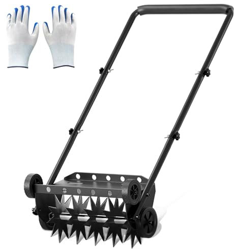 18-Inch Lawn Aerator Tool, Aerator Lawn Tool, Heavy Duty Push Spike Aerator with 4 Wheels, Aerator Lawn Tool with Steel Handle, Manual Lawn Aerators, Grass Aerator, Suitable for Lawn, Garden and Yard