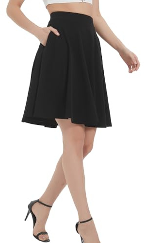 Soudittur Femmes A-Ligne Midi Jupe Basic Casual Élégant Plissée Patineur Jupe avec Poche Zippée (FR/ES, Alpha/Lettres, S, Taille Normale, Taille Normale, Noir)
