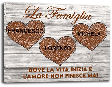 Printerland Quadro personalizzato NOMI FAMIGLIA Cuore Amore Love Stampa su tela canvas personalizzata Famliari Quadri moderni con Cornice in Legno Inclusa (3 NOMI, 30x40 cm, Canvas intelaiato)
