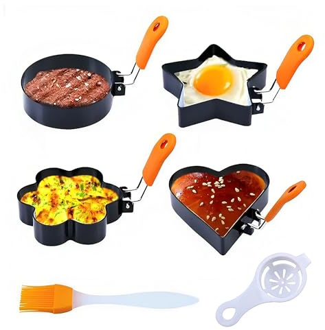 Egg Rings for Frying, 4 PCS Stainless Steel Egg Rings(4 Shapes) | Egg Shaper Fried Egg Cooking Rings with Oil Brush Strainer Spoon for Pancakes Breakfast Omelette Sandwich