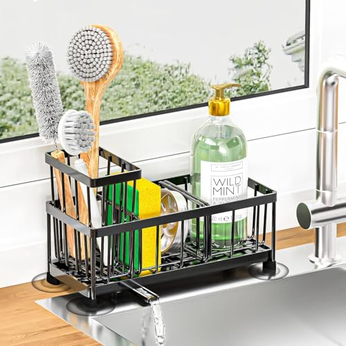 Sponge Holder for Kitchen sink, Self-draining Sink Caddy with Elevated Brush Holder, Countertop Rustproof Stainless Steel Soap Dispenser and Storage, Non-slip Kitchen sink Organizer (Black) (Black)