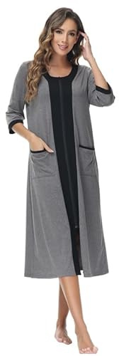Verve Jelly Albornoz Cremallera para Mujer Manga 3/4 Bata de baño Ligera Bata con Cremallera camisón Informal con Bolsillos Color Vino Tinto S
